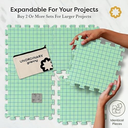 Unordinary Granny® Crochet Blocking Set-9Pc Extra Thick 12x12 Interlocking EVA Foam Mats with Grid, 150 T-Pins, Felt Storage Bag and Cotton Pouch, Sage Green - color: Sage Green