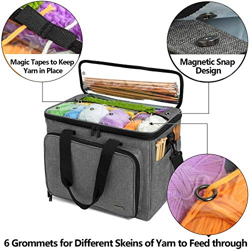 Teamoy Knitting Bag, Yarn Storage Organizer Crochet Bag Tote, Gray | Yarn Holder with Inner Divider(Sewn to Bottom) for Crochet Hook, Knitting Needles(Up to 14"), Project and Crocheting Supplies - color: Gray