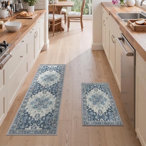 GENIMO Kitchen Rugs Set of 2, Washable Non Slip Cushioned Mats for Floor | 20"x32"&20"x59", Slate Blue vintage boho rug, soft faux cashmere, low pile, easy-clean for laundry, entryway, sink, farmhouse - color: Slate Blue, size: 20"x32"+20"x59"
