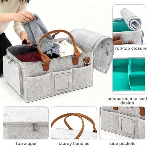 Portable Felt Storage Box with Zipper Lid Multi-compartment Caddy Organizer with Pockets 15 * 10 * 7 Inches