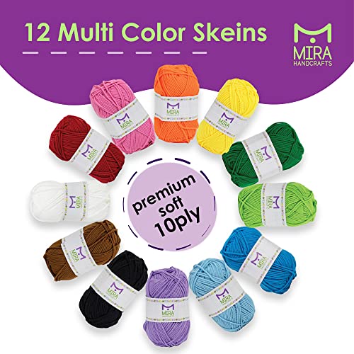 Mira HandCrafts 12 Acrylic Yarn Skeins - Crochet and Knitting Starter Kit for Colorful Arts and Crafts with 1,312 Yards of Multicolored Thread - Make Amigurumi, Granny Squares, Scarves, and Throws - size: 12 Pack