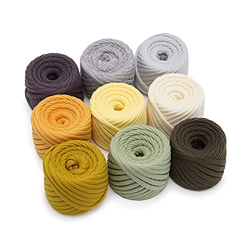 Bobilon 7-9 mm T-Shirt Yarn Kit - 9 Cotton Balls, Crochet - Angelina Set | 9 balls of 100% cotton t shirt yarn, 196 yds total, 7-9 mm; matching colors for crochet, knitting and macrame - color: Angelina
