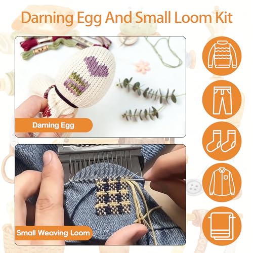 Mini Darning Loom,Egg Knitting Patch Kit with 14 Hooks Small Weaving Loom 13 Pcs Large Eye Needles 50 Color Threads for Handcraft DIY Weaving Repair Tool Darning Kit for Beginners Mending Jeans Socks - color: Egg-14 Hook