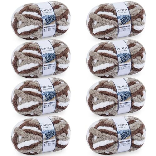 Cozyful Chunky Yarn for Hand Knitting - #10 Chunky Chenille Blanket Yarn, Jumbo Big Thick Chunky Yarns for Crocheting, Tie Dye Bulky Knit Yarns, 8 Skein (20 yds 8 oz Each Skein), Multi Coffee & White - color: Multi Coffee & White