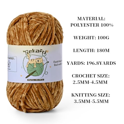 3 Pack of 300g (590yds) Fuzzy Chenille Yarn for Crocheting,Fluffy Amigurumi Crochet Yarn for DIY Craft/Hat/Clothes, Soft Velvet Baby Blanket Yarns（3 Brown） - color: 3 Brown