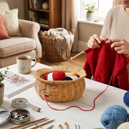 Prygew Rattan Yarn Bowl, 8 Yarn Balls Set Included | Handmade Large Crochet Bowl, Knitting Wool Ball Holder for Crochet Accessories, Gadgets Supplies, 9.4"D x 4.3"H