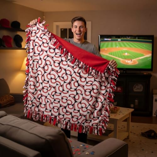 Chumia 2 Pcs/1 Set Baseball Tie Blankets Craft Kit 57 x 57 Inch Baseball DIY No Sew Fleece Blanket Red and White Sports Ball No Sew Fabric Tie Knot Throw Craft Gift Soft for Baseballs Fan Couch Sofa - style: Baseball