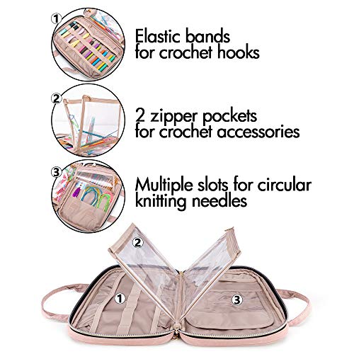 Yarwo Knitting Needles Case, Crochet Hooks Organizer with 2 Clear Pouches | Circular Needles Holder for Ergonomic Crochet Hook (up to 10.6") and Craft Yarn Kits, Top Handles, Bag Only, Dusty Rose - color: Dusty Rose