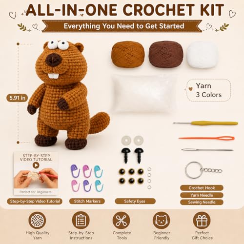 Groundhog Crochet Kit for Beginners with Step-by-Step Video Tutorials, Starters Crocheting Kits for Adult, Animals Knitting Kit for Birthday