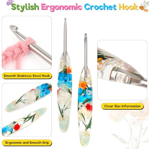 Katech 5 PCS Crochet Hook Set with Case (2.5mm, 3.0mm, 3.5mm, 4.0mm, 4.5mm) | Hand-Polished Stainless Steel Crochet Hooks with Dried Floral Grip, Ergonomic Crochet Hook for Arthritic Hands & Beginners - size: 5 Sizes(2.5-4.5mm)