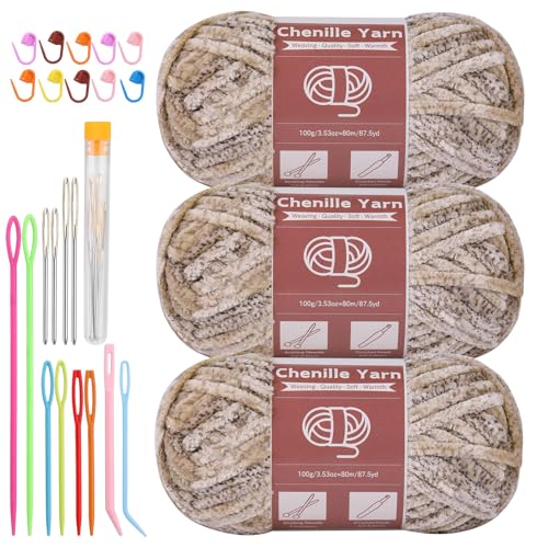 LUNARM Chenille Yarn for Crochet Knitting Chunky Blanket Velvet Yarn | 3 Pack 3.5oz/100g 263 Yard Light Khaki Gradient Yarn for Beginners Knitting Scarves with Big Eye Needles Machine Washable - color: Light Khaki Gradient