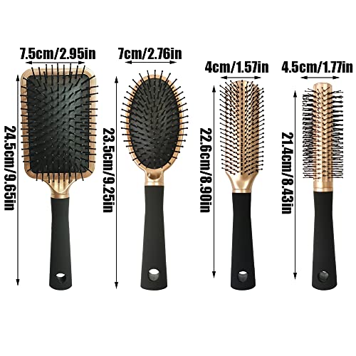 4 Pcs Hair Brush Set,Professional Styling Hair Brush for Men Women,Flexible Soft Pin Bristles for Long Thick Curly Wavy Dry Damaged Hair - color: Gold