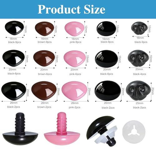 BESTCYC 83pcs Plastic Safety Noses 3 Size 15, 20, 26mm for DIY Crochet