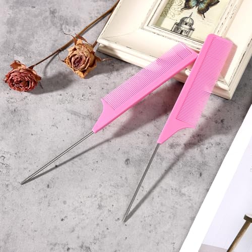 6PCS Rat Tail Combs Set, Parting Fine Tooth Combs with Metal Pick for Braiding Hair Women/Men Highlighting and Parting(Black, Pink) - color: Black+Pink