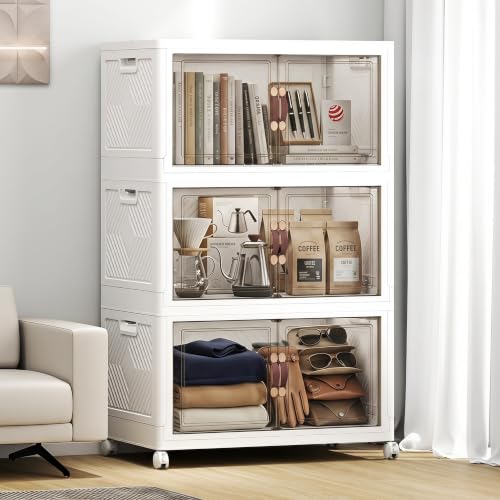 UAMFURI Stackable Storage Bins with Lids, 330QT Lockable Storage Cabinet | Closet Organizers, Foldable Storage Box with Doors and Wheels, Plastic Drawers for Home, Garage, Office (3, White, Plus) - color: White, size: Plus