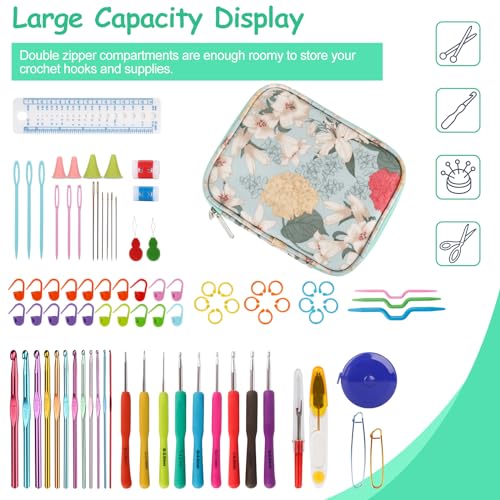 Katech Crochet Hook Case- Empty Hook Holder w/Zippe Pocket-Light Blue | Travel Crochet Hook Organizer for Crochet Lovers with Web Pocket and Holder Slots for Portable Carrying Various Accessories - color: Light Blue