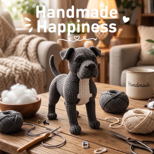 DIY Crochet Pitbull Dog Kit for Beginners – Amigurumi Staffordshire Bull Terrier Stuffed Animal Knitting Kit with Yarn, Hook & Instructions – Easy Beginner Crochet Animal Craft for Adults & Dog Lovers - color: Pitbull Dog