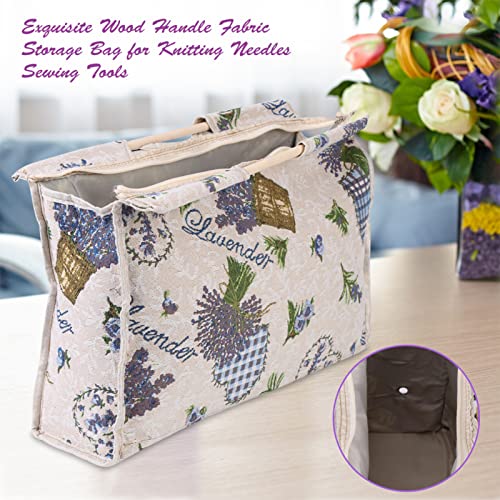 Knitting Tote Bag, Exquisite Practical Yarn Bag Woven Fabric Storage Bag wtih Wood Handle for Knitting Needles Sewing Tools - color: Purple Flower