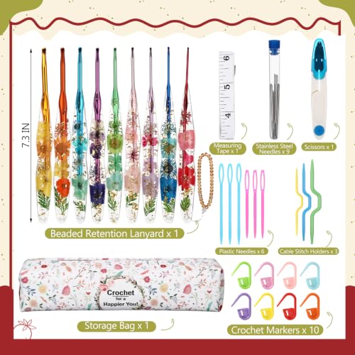 Riceshoot 9 Pcs Crochet Hook Set, 2.0mm-6.0mm Ergonomic Crochet Hooks with Long Floral Handle for Beginners Crocheting Lovers, Includes Storage Bag and Other Accessories (Stylish) - style: Stylish
