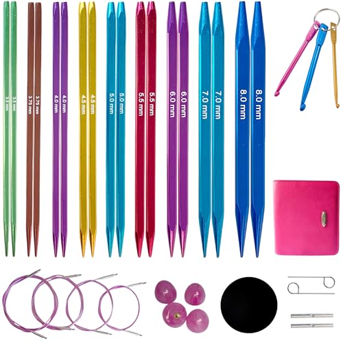 CKZLY 4.53" Square Interchangeable Circular Knitting Needles Set, US 4-11 | 9 pairs aluminum needles, anti-slip, 4.53 inch (3.5-8.0mm), with Cables, crochet hooks & case. Ergonomic design for beginners
