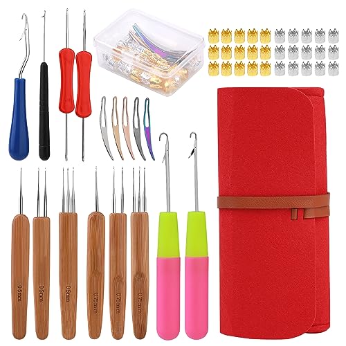QMNNMA Dreadlock Crochet Hook, 48 Pcs Loc Crochet Needle for Hair | 6 Dcrochet Hooks for Hair, Different Size Bent Latch Hook, Crochet Needle for Hair Braiding with Red Case and Dreadlocks Tool - color: pink