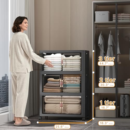 UAMFURI Stackable Storage Bins, 336QT Collapsible Drawers with 1 Lid | Large Capacity, Magnetic Door, Stack Lock, Rolling Wheels, Foldable Design, Organizers and Storage for Bedroom Dorm Garage - color: Dark-112QT, size: 3Pack with 1 top lid