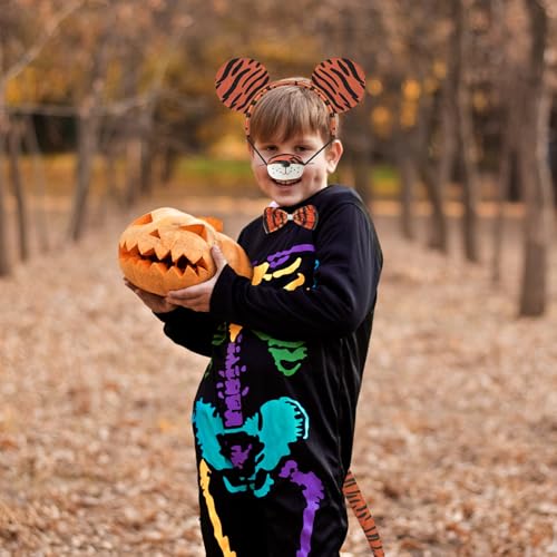 4 Pieces Tiger Ears Tail Costume Accessories Set – Plush Tiger Ears Headband, Tail, Bow Tie, and Nose for Kids and Adults, Jungle Safari Party, Halloween Dress-Up, Cosplay, and School Plays