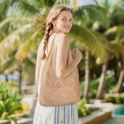 WantGor Crochet Bags, Beach Mesh Tote Bag Womens Shoulder Shopping Handbag | Casual Travel Totes Bag Foldable Hobo Bags - color: Yellowish-brown