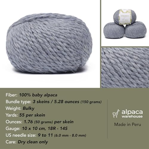 100% Baby Alpaca Yarn 3 Skeins 150g Bulky Weight Knitting Crochet H.S. Blue | Made in Peru with natural warmth and softness featuring 162yd of premium fiber ideal for scarves shawls sweaters and more - color: Heather Sky Blue, size: Bulky - 3 Skeins