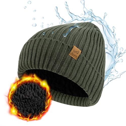 ACUSHLA Waterproof Windproof Winter Hat for Men Women Fleece-Lined Beanie - color: Green
