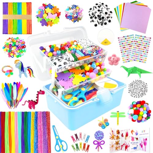 ZEIZHUBN Arts and Crafts Supplies for Kids Crafts Kit with Pipe Cleaners DIY Crafts for Kids Art School Supplies Materials All in Crafting Box Craft Supply Set Gifts for Kid Girls Boys Age 4-8, 8-12 - color: Blue