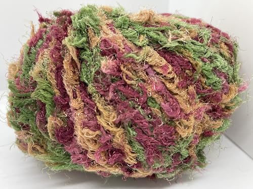 Bunny Soft #113 Fall Herbs - Red, Green, Tan Berlini Microfiber Nylon Puffy Long and Short Eyelash Novelty Yarn - 50 Grams (1.76 Ounces) 73 Meters (80 Yards)