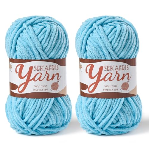 2 Pack Fluffy Velvet Yarn for Crocheting，Baby Blanket Yarn for Crocheting Soft，100g(131yds) Amigurumi Yarns，Plush Chenille Crochet Yarns，Puzzle Yarn for Crochet Weaving Craft(2 Azure) - color: 2 Azure