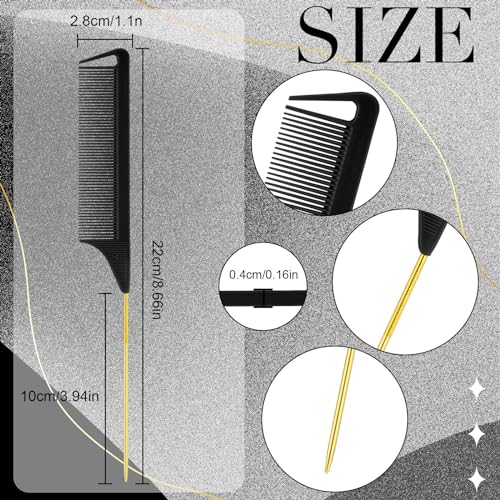 Patelai 30 Pcs Rat Tail Steel Combs Fine Tooth Bulk,Black, Gold | Long Steel Pin Pintail Bulk for Salon Hair Stylists ,Hair Teasing Fine Tooth Comb for Women,Teasing Detangling Tools - color: Black, Gold