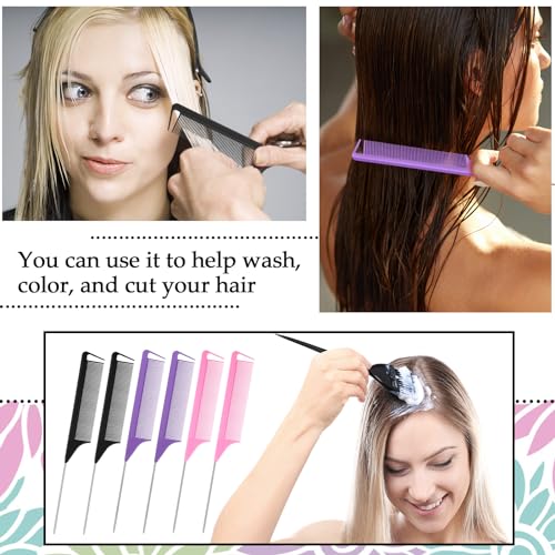 Patelai 30 Pcs Rat Tail Steel Combs Fine Tooth Bulk,Black, Pink, Purple | Long Steel Pin Pintail Bulk for Salon Hair Stylists ,Hair Teasing Fine Tooth Comb for Women,Teasing Detangling Tools - color: Black, Pink, Purple