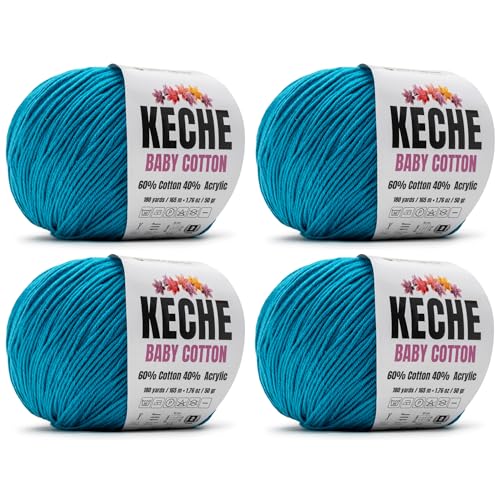 Keche Cotton Yarn, 60% Cotton 40% Acrylic Yarn, Soft Cotton Yarn for Crochet and Knitting, Amigurumi Yarn 4 Skeins/Balls [1.76 Oz (50g) / 180 Yrds (165m)] x 4 - Blue - color: BLUE, size: 4 SKEINS
