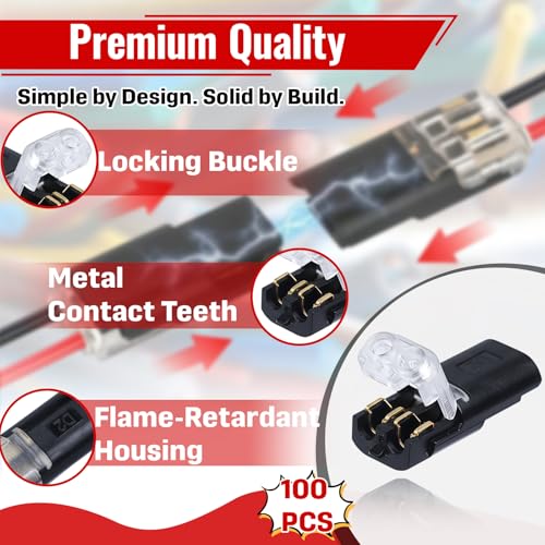 100 Pcs 2-Pin Wire Connectors, Locking Buckle, No Stripping, For LED Lights | Accepts Bare/Solid Wires, Low-Voltage DIY Use, Finger-Press Snap Closure, Steady Dual-Wire Contact