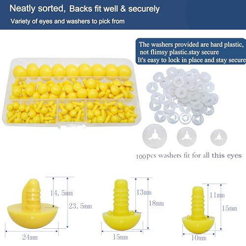 Thalinfayi 200pcs 10/15/24mm Safety Eyes and Washers for Amigurumi Crochet | Yellow Plastic Crochet Craft Eyes for Stuffed Plush Animals, Crafts, Crochet Doll DIY Making Supplies ; Neatly Sorted by Size - color: Yellow