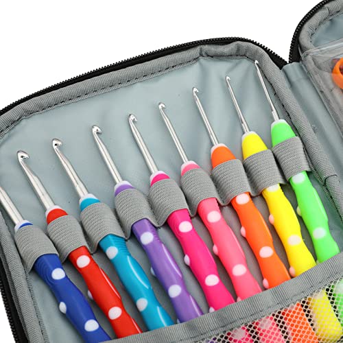 LOOEN Crochet Hooks Set-Yarn Needles Coloured Aluminum with Storage Case Rubbery Handle Ergonomic Comfort Grip DIY Craft Handmake Kit 64pcs - color: A - Pink