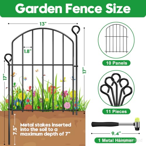 Decorative Garden Fence 17in (H) x10ft (L),Arched Rustproof Metal No Dig | Small Fence for Dogs & Rabbit,Ornamental Animal Barrier for Flower Beds,Border Panels Fencing for Yard & Patio Outdoor Decor - size: 10 Panels-17in(H) x 10ft(L) without Gate