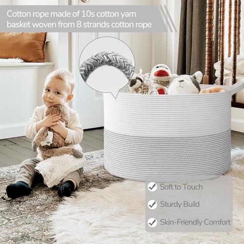 INDRESSME 115L Extra Large Woven Rope Blanket Basket Living Room, White | Storage baskets for organizing toys, laundry & pillows. Fits living room, bedroom or nursery décor. Soft-touch with handles - color: White, size: 23.6"D x 15.7"H