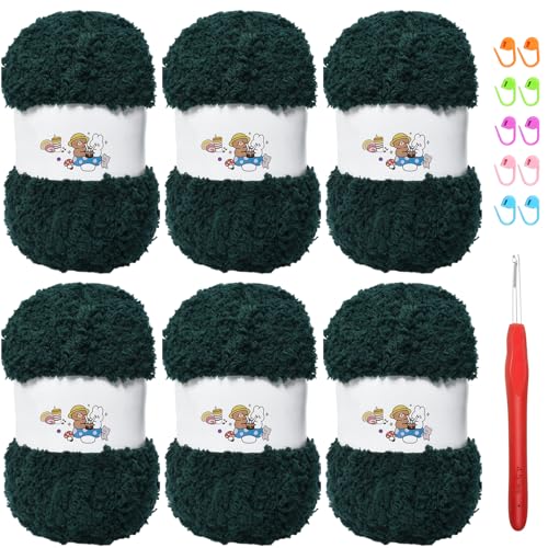 6 PCS Soft Coral Velvet Chenille Yarn for Crocheting,Fluffy Yarn for Knitting and Crochet DIY Craft,Warm Crochet for Bag Hat Scarve Gloves Slippers Dolls(Green) - color: green