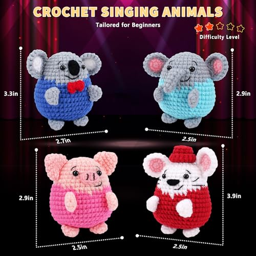 Crochet Kit for Beginners - 4 PCS Crochet Starter Kit With Step-by-Step Video Tutorials, for Adults - Elephant Mouse Pig Koala Microphone Crocheting Set - color: Elephant Mouse Pig Koala