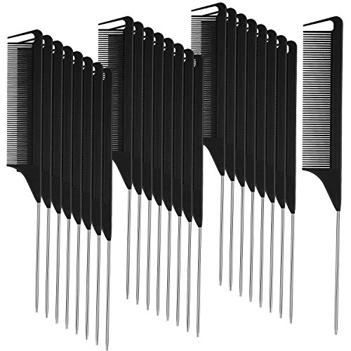 Patelai 30 Pcs Rat Tail Steel Combs Fine Tooth Bulk,Black, Silver | Long Steel Pin Pintail Bulk for Salon Hair Stylists ,Hair Teasing Fine Tooth Comb for Women,Teasing Detangling Tools - color: Black