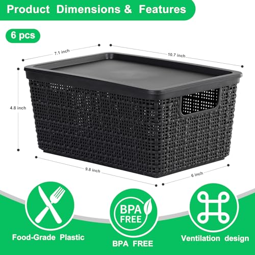 6 Pack Plastic Storage Baskets with Lid,Black Stackable Bins | Durable Woven Plastic With handle Breathable,Save space ,For Organizing Desktops, Closets, Playrooms, Classrooms, Offices - color: Black