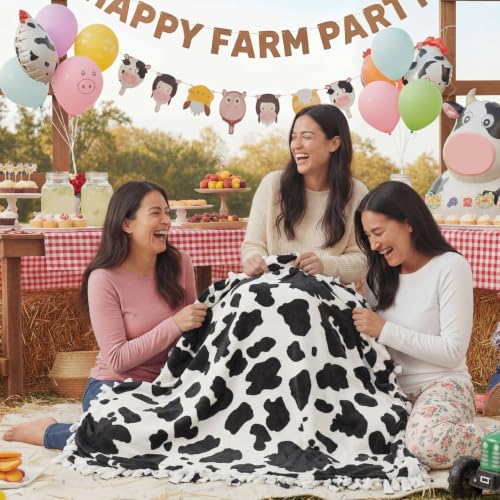 Chumia 2 Pcs/1 Set Cow Print Tie Blankets Craft Kit 57 x 57 Inch Western Themed DIY No Sew Fleece Blanket Black and White No Sew Fabric Cowboy Cowgirl Tie Knot Throw Craft Gift for Cow Birthday Party - style: Cow Print