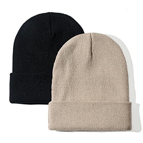 NPJY Unisex Beanie for Men and Women Knit Hat Winter Beanies | Warm-Keep & All-Size, Comfortable & Durable, Soft for Winter Weather - color: Black+darkbeige
