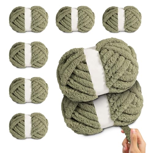 Jumbo Chunky Chenille Yarn for Hand Knitting Crochet – 8 Skeins × 8 oz (25 yds Each) Super Soft Thick Bulky Yarn for Blankets, Scarves, Cushions & DIY Crafts (Sage Green) - color: Sage Green (Chenille)