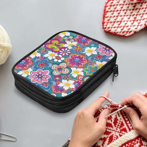 Boho Floral Crochet Hook Case with Web Pockets Knitting Needle Organizer - Portable Crochet & Knitting Storage for Hooks, Needles & Supplies - color: Boho Floral
