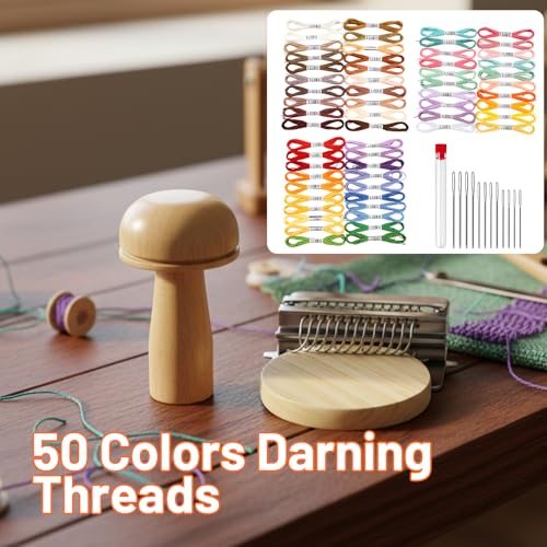 Dovbuqu Mini Darning Loom Kit, Mushroom Knit Patch Set with 14 Hooks and 60 Color Threads, DIY Weaving Repair Tool for Mending Socks, Sweaters, and Creating Decorative Stitches
